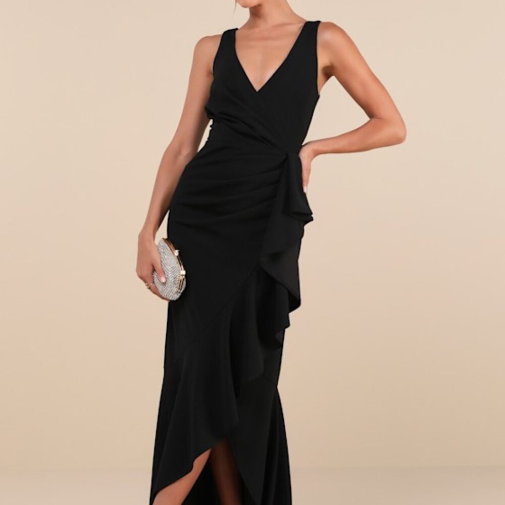 Lulus Pure Loveliness Black Pleated Ruffled High-low Maxi Dress - Size S
